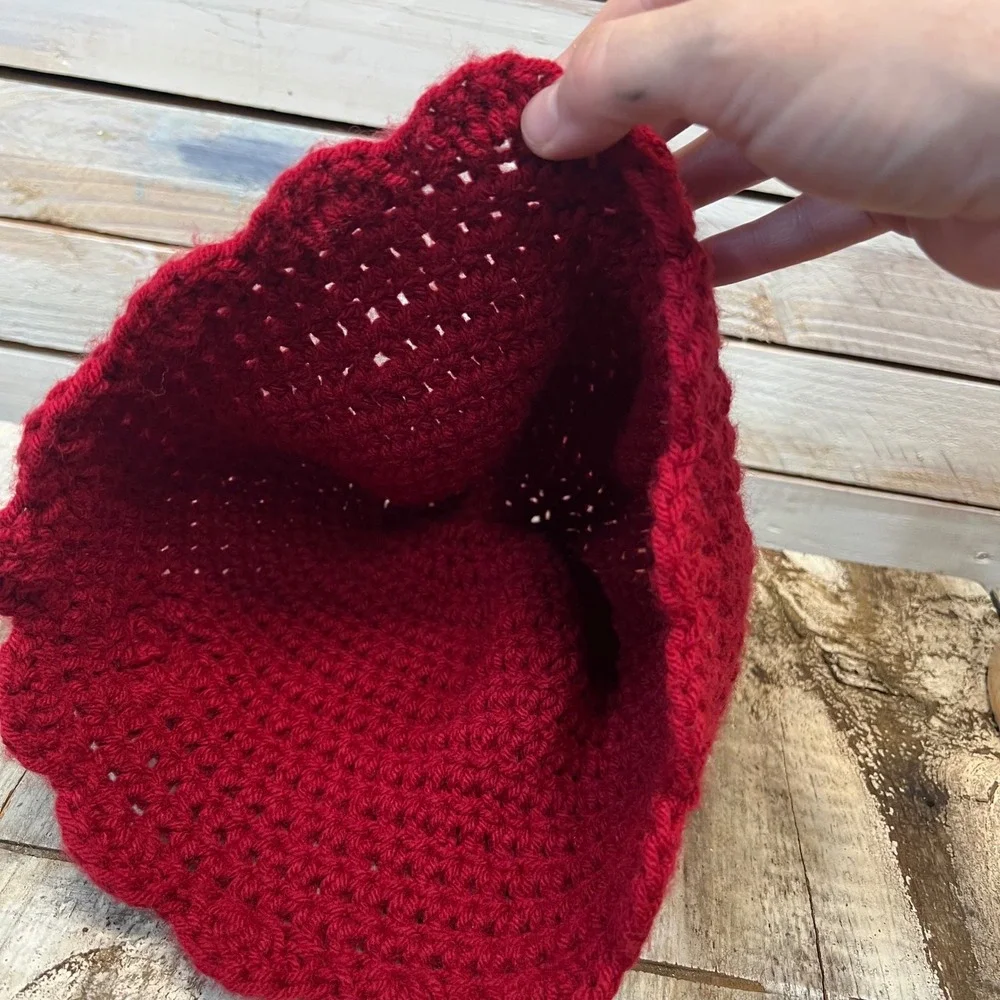Vintage Red Crochet Cloche Hat Wool Blend Button Rosette Flapper 1920s Style OS